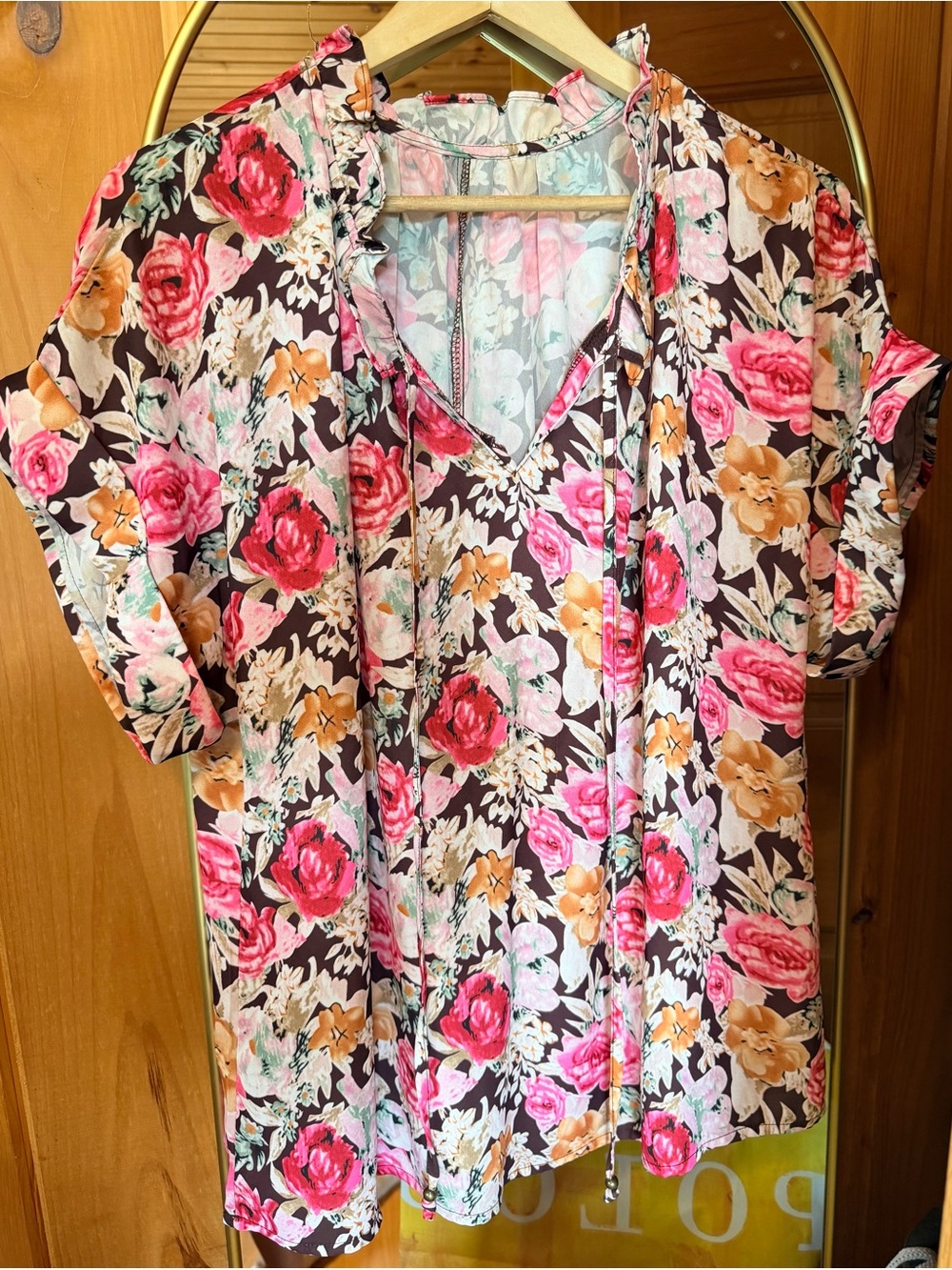 Women's Pink & Brown Floral V-Neck Blouse with Tie